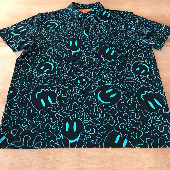 Birdie Bound Performance Polo Shirt Men L Blue Smiley Face Short Sleeve Golf - Picture 1 of 10
